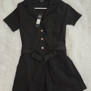 Black Short Sleeve Button-Up Romper